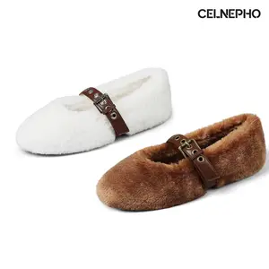 CELNEPHO Mary Jane Shoes for Women Round Toe Faux Fur Ballet Flats Easy Slip on Buckle Strap Flat Heel Casual Wear Party Dress Shoes