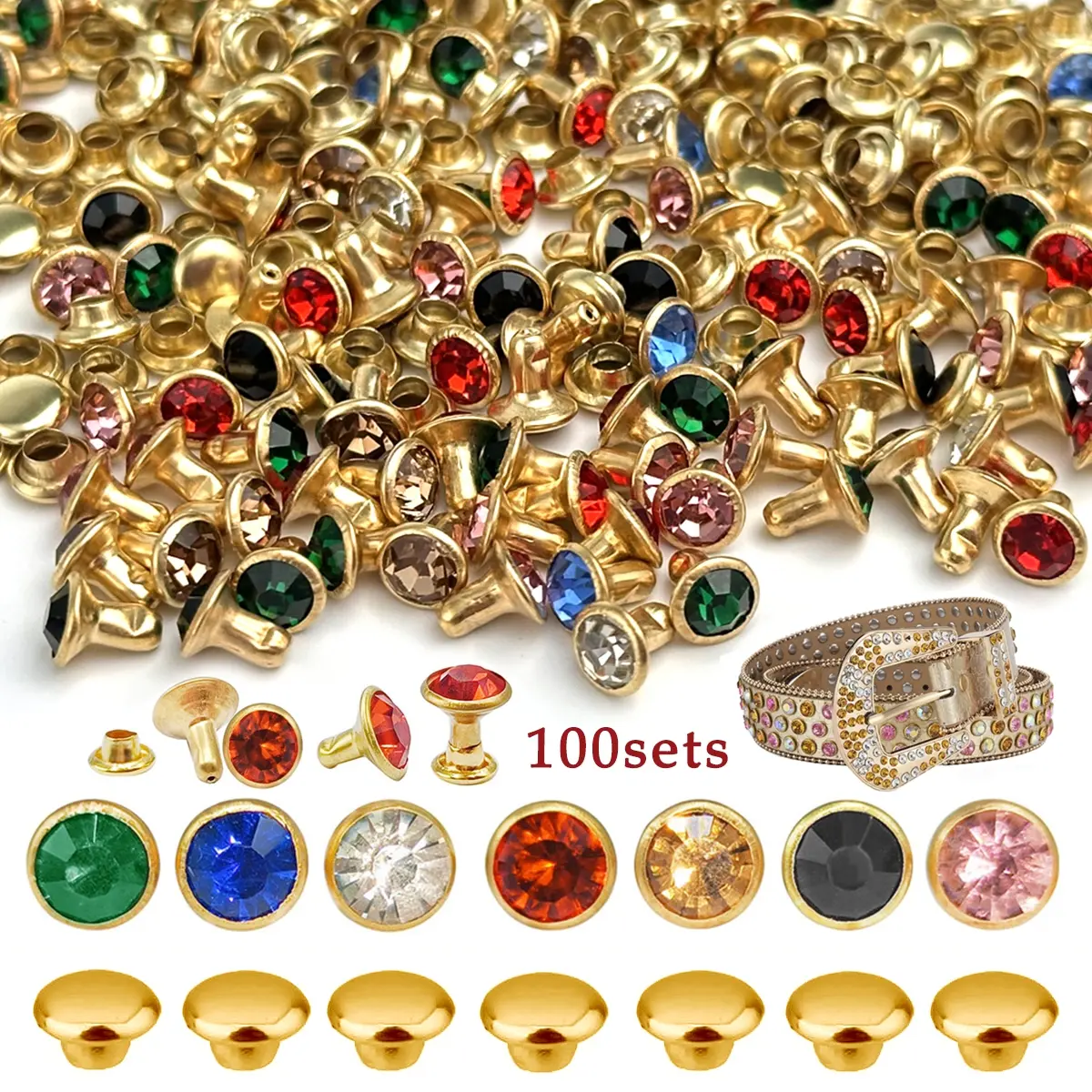 100 Sets 6MM Mixed Colors Sparkling Rhinestone Embellished Rivets Crystal Rivets Studs Rapid Rivets Gold Color Spots Studs for Leather Craft DIY Making