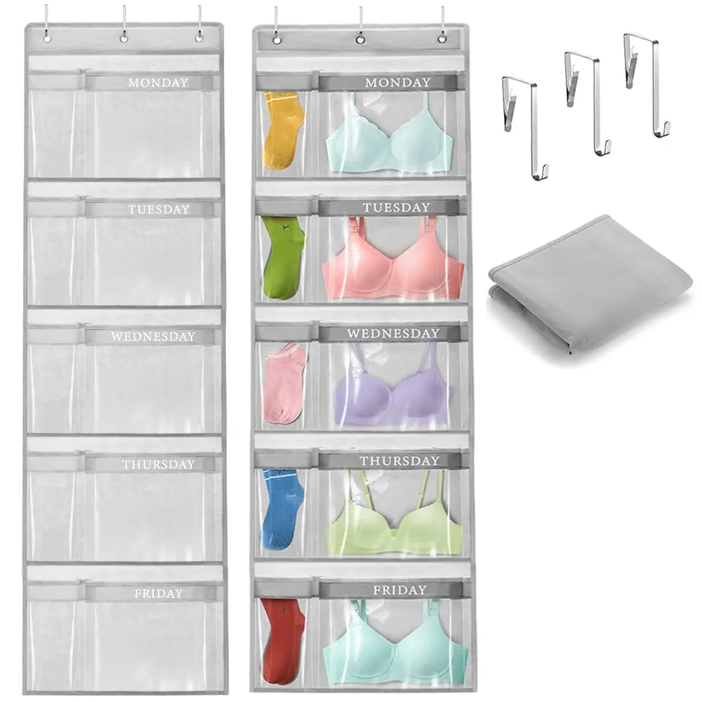 Hanging Closet Organizer - Thick Non-Toxic PVC Daily Storage Tool with 1-5 Weekly Labels, 57x16.5 in, Encourages Independence for Bedroom Wardrobe Home Organization