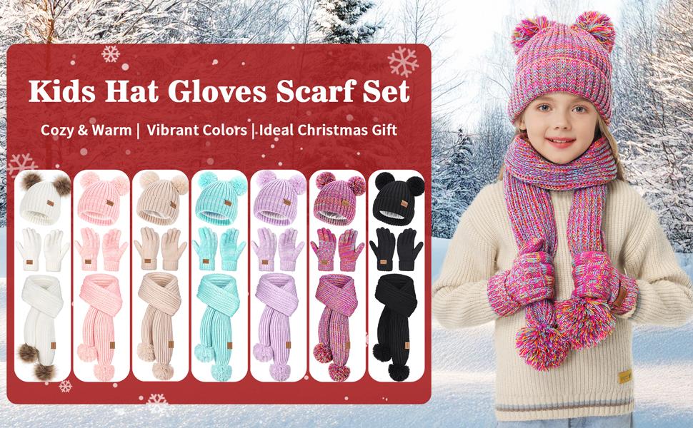 Fashion Winter Hat Gloves Scarf Set, Fleece-Lined PomPom Beanie, Knit Long Scarf & Warm Mittens for School Student.Ideal Easter gifts for daughter granddaughter grandson niece