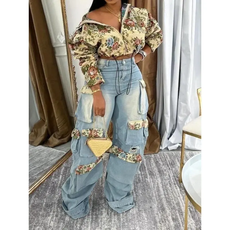 Washed Denim Women's Set Full Sleeve Floral Jacket and Pockets Cargo Jeans Pants Suit Street Two 2 Piece Set Outfit Top Clothes