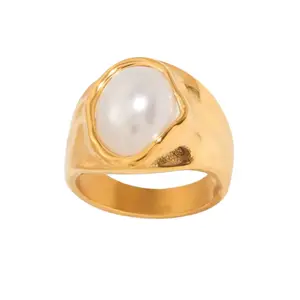 Oval Simulated Pearl Ring - 18k Gold Plated Stainless Steel