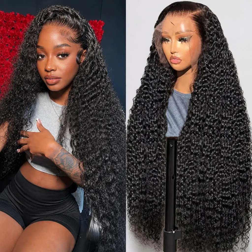 Idoli 32 Inch Deep Wave Lace Front Wigs Human Hair 13x6 HD Lace Front Wigs Natural Black 180% Density