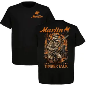 Marlin T-shirtimber Talk, Skeleton Hunter With Dog, Perfect Gift For Hunters, Gun Owners, Outdoorsmen, Rifle Enthusiasts, And Unique Hunting Apparel.