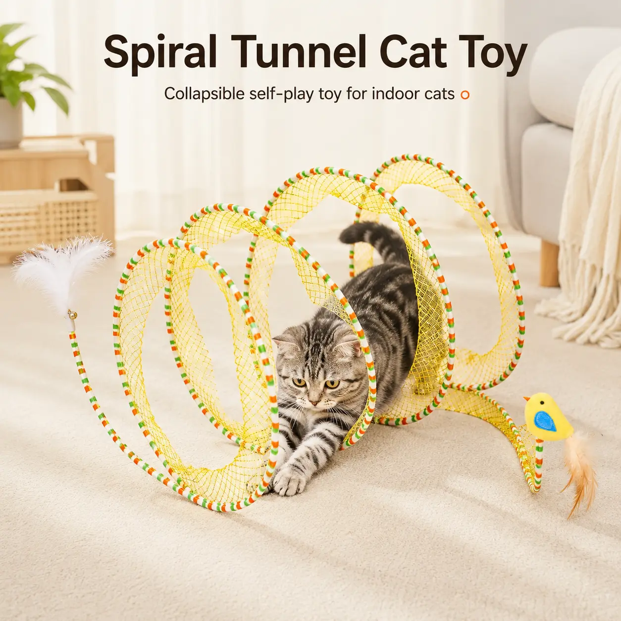 Spiral Cat Tunnel Furnishing Toy, Collapsible Spring Channel with Feather Bell Pendant, 20in Unfolded Indoor Entertainment Gadget for Kitten & Household Cats