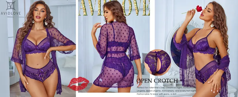 Avidlove Women Lingerie Set 3 Piece Lace Kimono Robe with Bra and Panty Nightgown Sleepwear