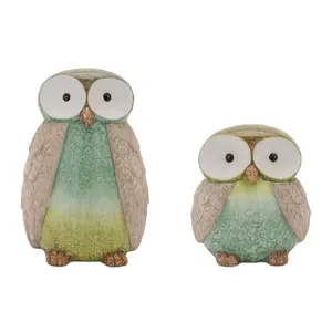 Melrose 96471DS 6 & 10 in. Terra Cotta Owl, Green & Blue - Set of 2