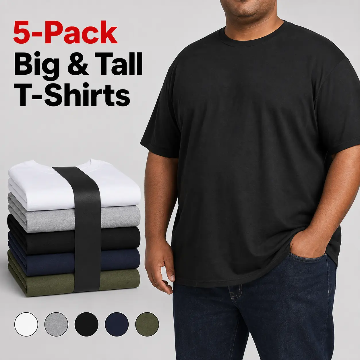 5-Pack Men’s Big & Tall Quick-Dry T-Shirts, Breathable Stretch Plus-Size Short-Sleeve Athletic Performance Tops with Extended Length & Relaxed Fit for Gym, Outdoor Work, Travel & Casual Wear