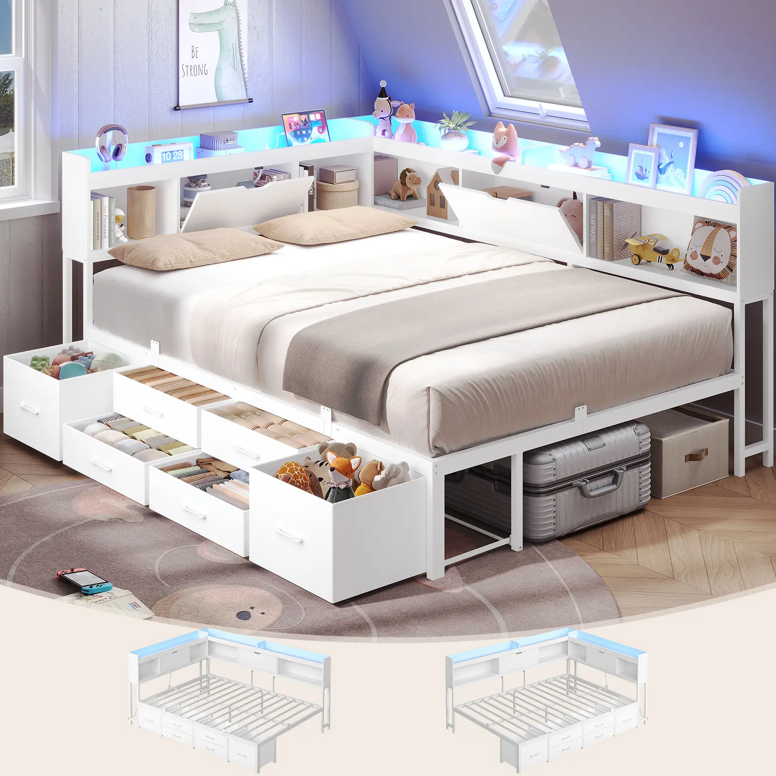 AOGLLATI Full Size Corner Bed Frame with 6 Storage Drawers and Bookcase Hidden Headboard, Full Bed Frame Metal Platform Daybed with Charging Station and LED Lights