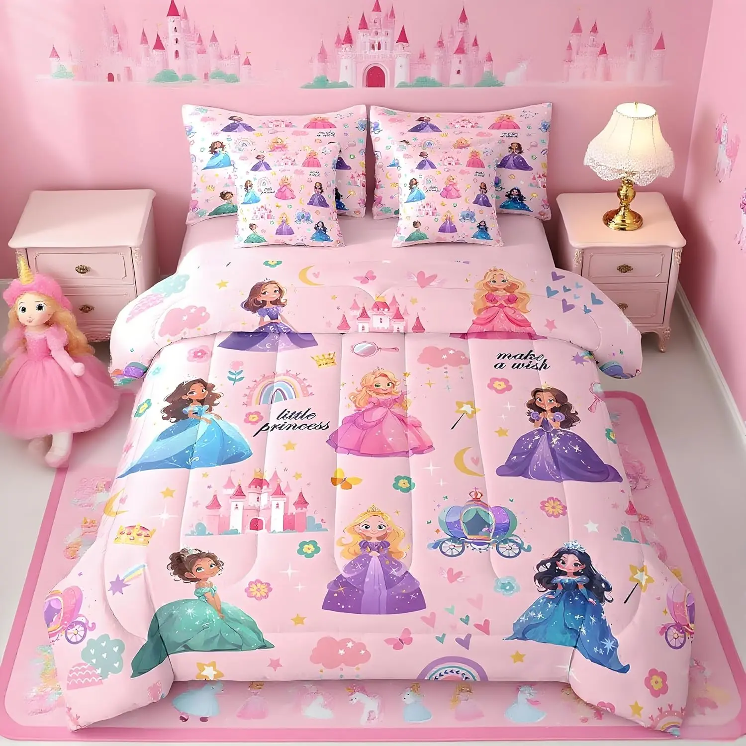 Feelyou 7-Piece Princess Graphic Unique Bedding Set, Pink Castle Comforter Set with Bedding Sheets, Pillowcases, Breathable for Comfortable Sleep, Multi-Size Options, Girl Room Decor, Unique Bedding Sets,back to school,back to school shopping,home decor