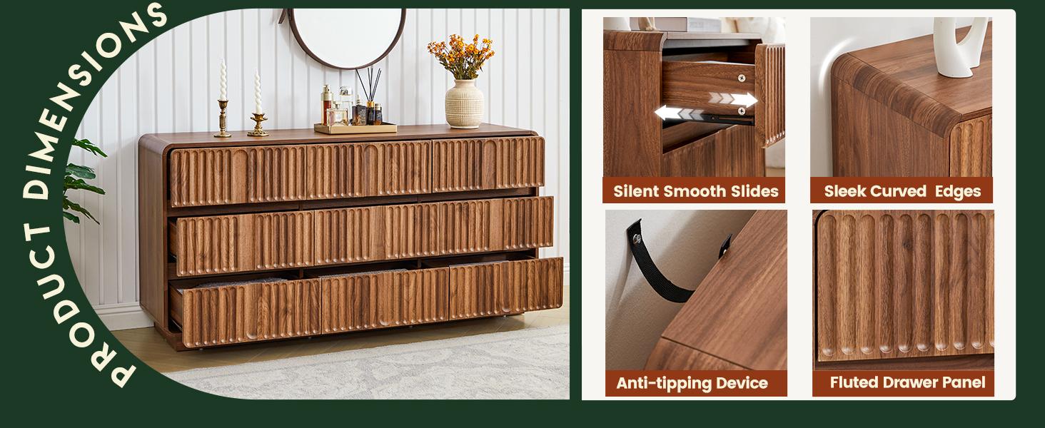 Giratree 60'' Modern Fluted 9-Drawer Dresser, Curved-Corner Wood Chest for Bedroom Storage — Also Works as a Stylish TV Stand