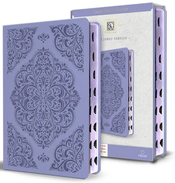 KJV Holy Bible - King James Version Gift Paperback, Large Print Medium Format, Lavender Faux Leather, Thumb Index, Ribbon Marker, Red Letter, Gilt Edges, Framed, Origin, 1408 Pages