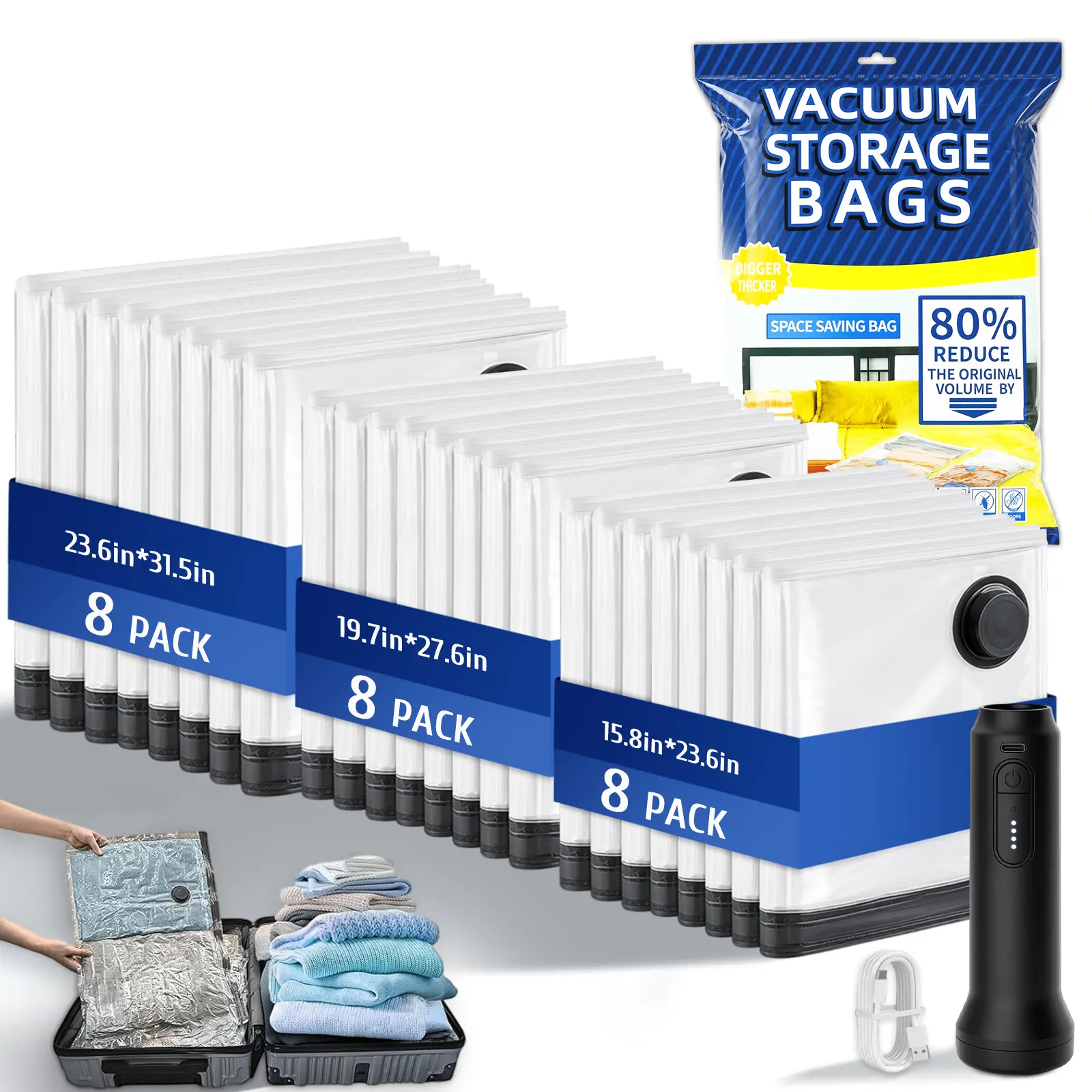 15pcs Compact Vacuum Compression Storage Bags with Rechargeable Wireless Pump, Organiser for Clothes, Bedding, Household Storage