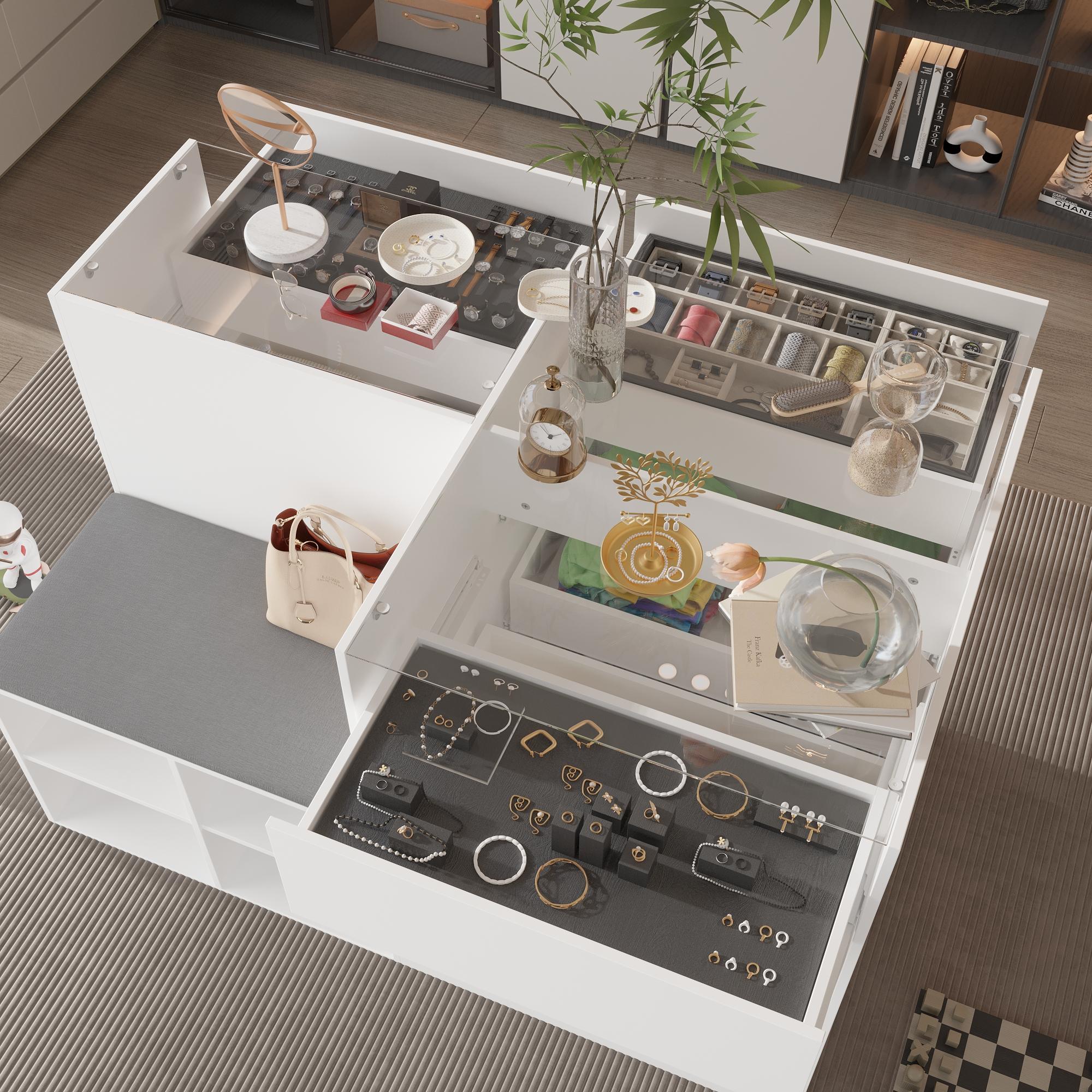 FUFU&GAGA Bedroom Island Wardrobe Closet Island with Glass Tabletop, 47.2”(W) x 23.6”(H) - Minimalist Design for Storage & Display