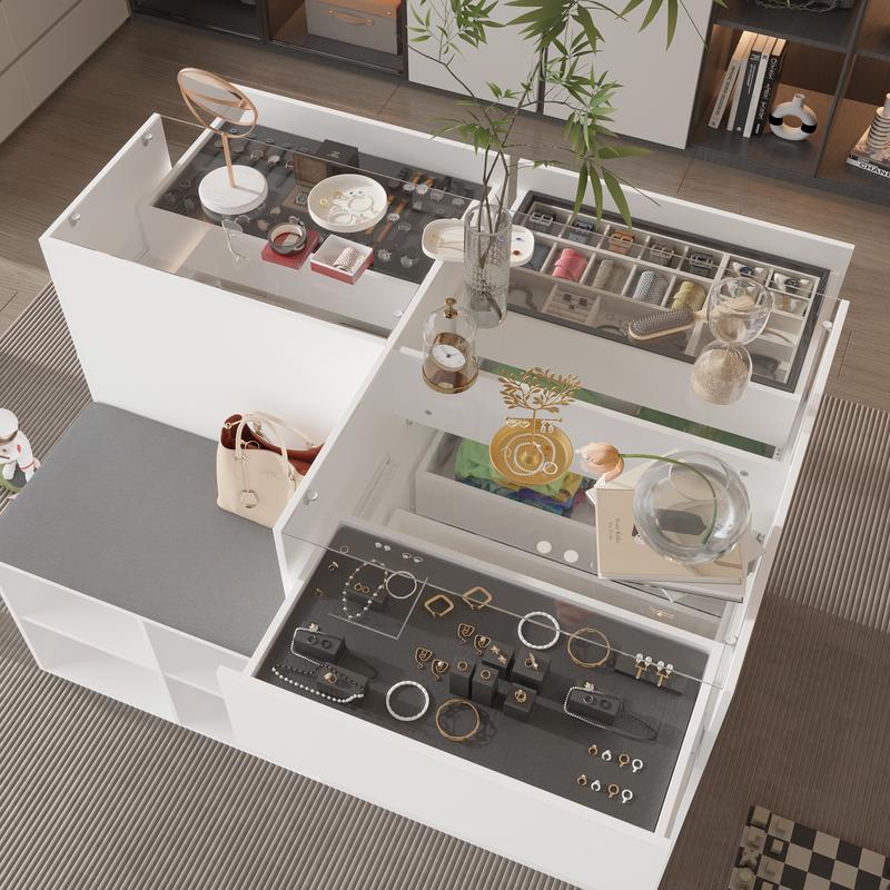 FUFU&GAGA Bedroom Island Wardrobe Closet Island with Glass Tabletop, 47.2”(W) x 23.6”(H) - Minimalist Design for Storage & Display