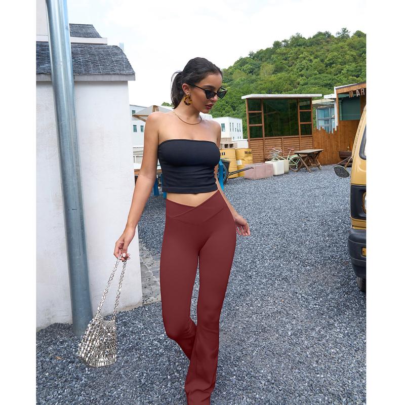 OQQ Women's 2 Piece Flare Pants Ribbed Seamless Workout High Waist and Cross Over Bell Tummy Control Bottoms Basic Comfort Exercise Flare Leggings