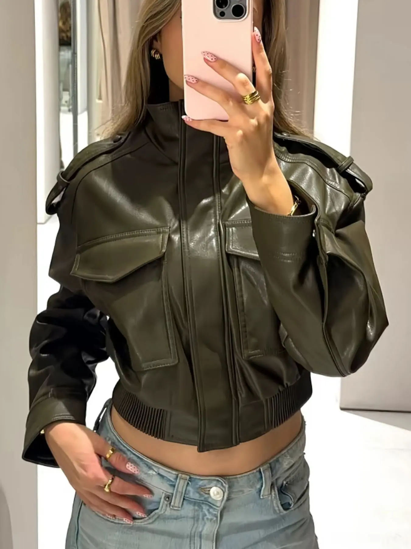 Women's Olive Green Faux Leather Fitted Long Sleeve Bomber Moto Jacket with Stand Collared Collar and Flap Pockets, Casual Short Layered Streetwear Outerwear Coats, Biker Jacket Coat, Casual Fall Jacket, Casual Fashionable Outerwear