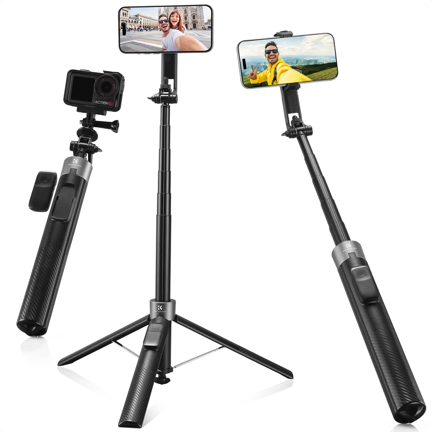 K&F CONCEPT 72" Alloy 3-in-1 Selfie Stick Tripod with Cellphone Clip, Magnetic Design, Bluetooth Remote, 1 Light, Lanyard & 1/4" Screw Port, Universal Mount for iPhone 17-12/Android Devices, Ideal for Travel & Live Streaming Accessories, Compact, Portable
