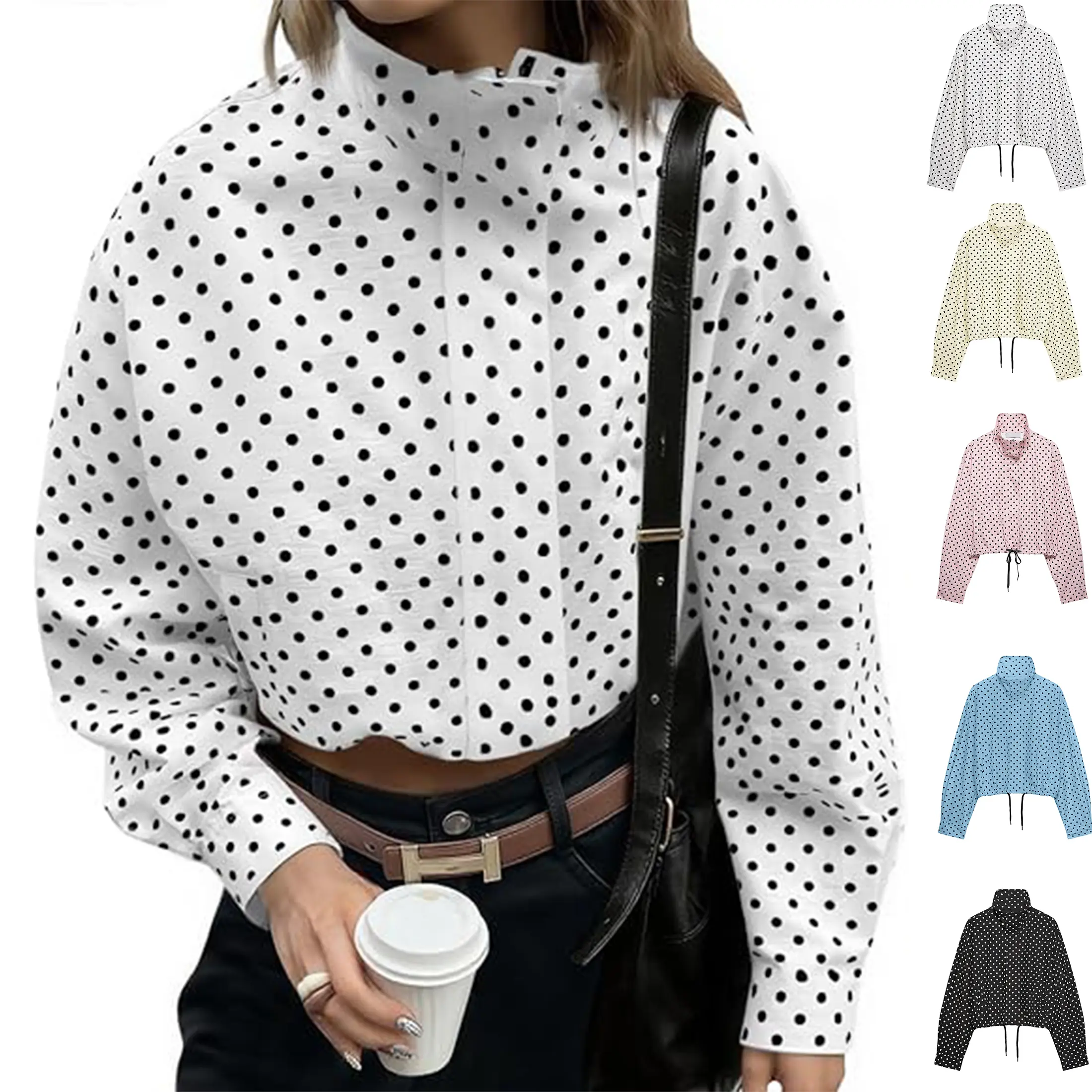 Wandal 2026 Women's Cropped Polka Dot Zip Coat - Stand Collar, Drawstring Hem, Lightweight, Regular Fit, Polyester, Long Sleeve Tops with Pockets for Spring Fall Daily Clothes, Casual Wear