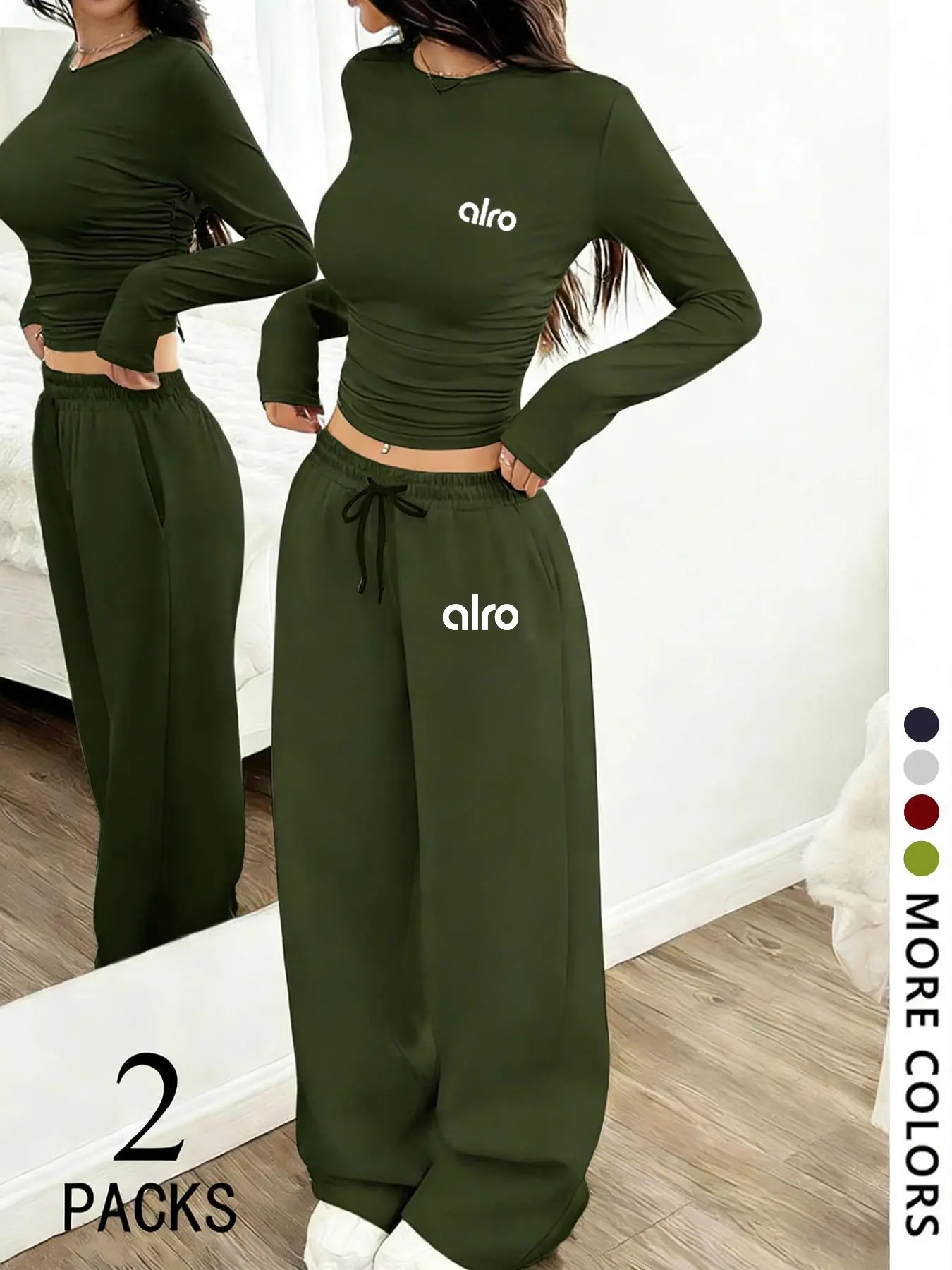 Women's Two-Piece Set, European Style Casual Everyday Round Neck Long Sleeve Top, Straight Leg Drawstring Pants, Comfortable Fabric, Perfect for Daily Wear, Travel, Shopping, Sleep