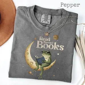 Comfort Colors Read Banned Books Shirt - Funny Frog Reading on Moon Tee - Whimsical Fantasy Bookish Gift - Aesthetic Frog Book Shirt - Reader Holiday