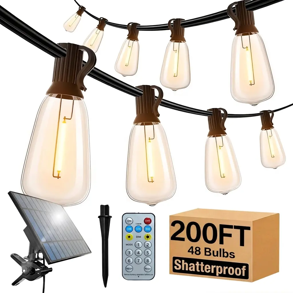 DAYBETTER Solar Powered Copper String Lights, 50-200FT with Stake & Remote Control, Waterproof Shatterproof LED ST38 Bulbs (12-48 Count) for Porch, Garden, Parties, Outdoors Safe