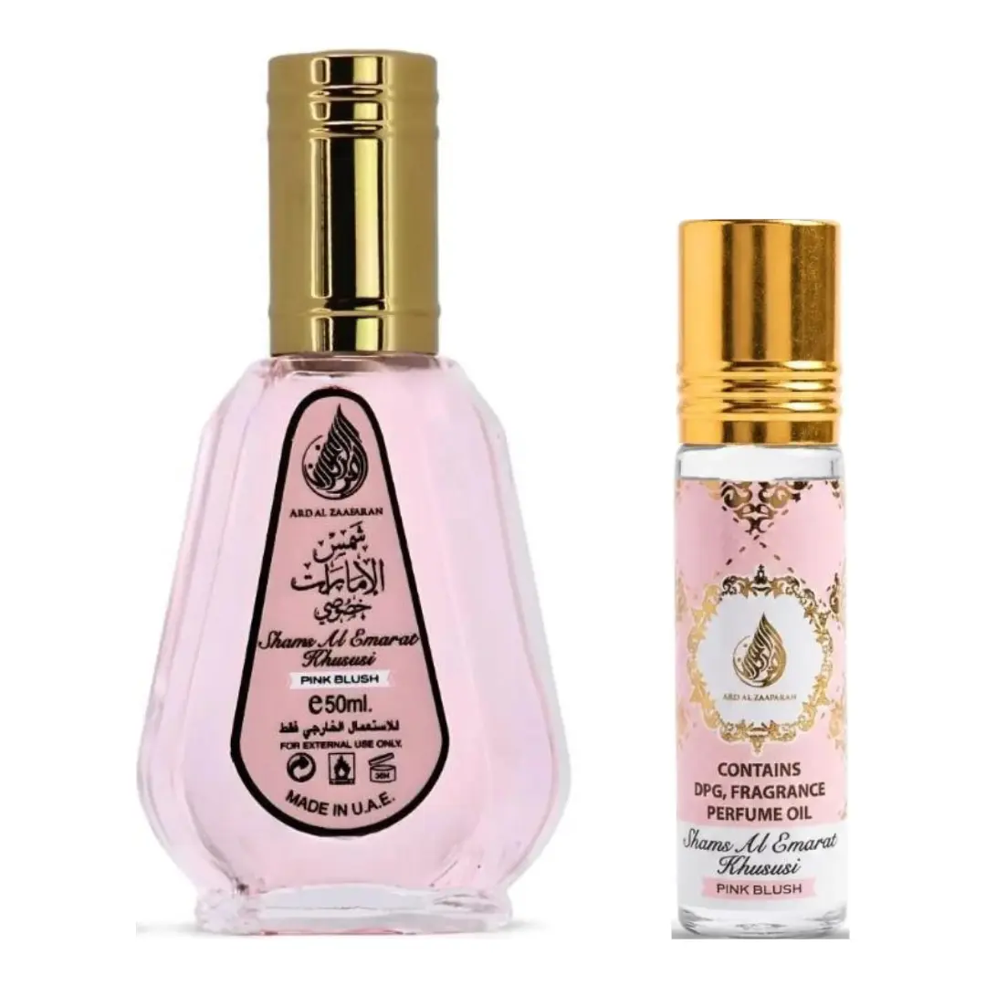 Ard Al Zaafaran Women's Fragrance 2-Piece Pink Blush Shams Al Emarat Duo Set - 50ML EDP Spray, Roll-On Oil, Sweet Scent Fragrance, Floral Blend, Long-Lasting, Purse-Friendly Self-Care Mini Toiletries, Marshmallow Top Notes, Fragrances, Self Care Products