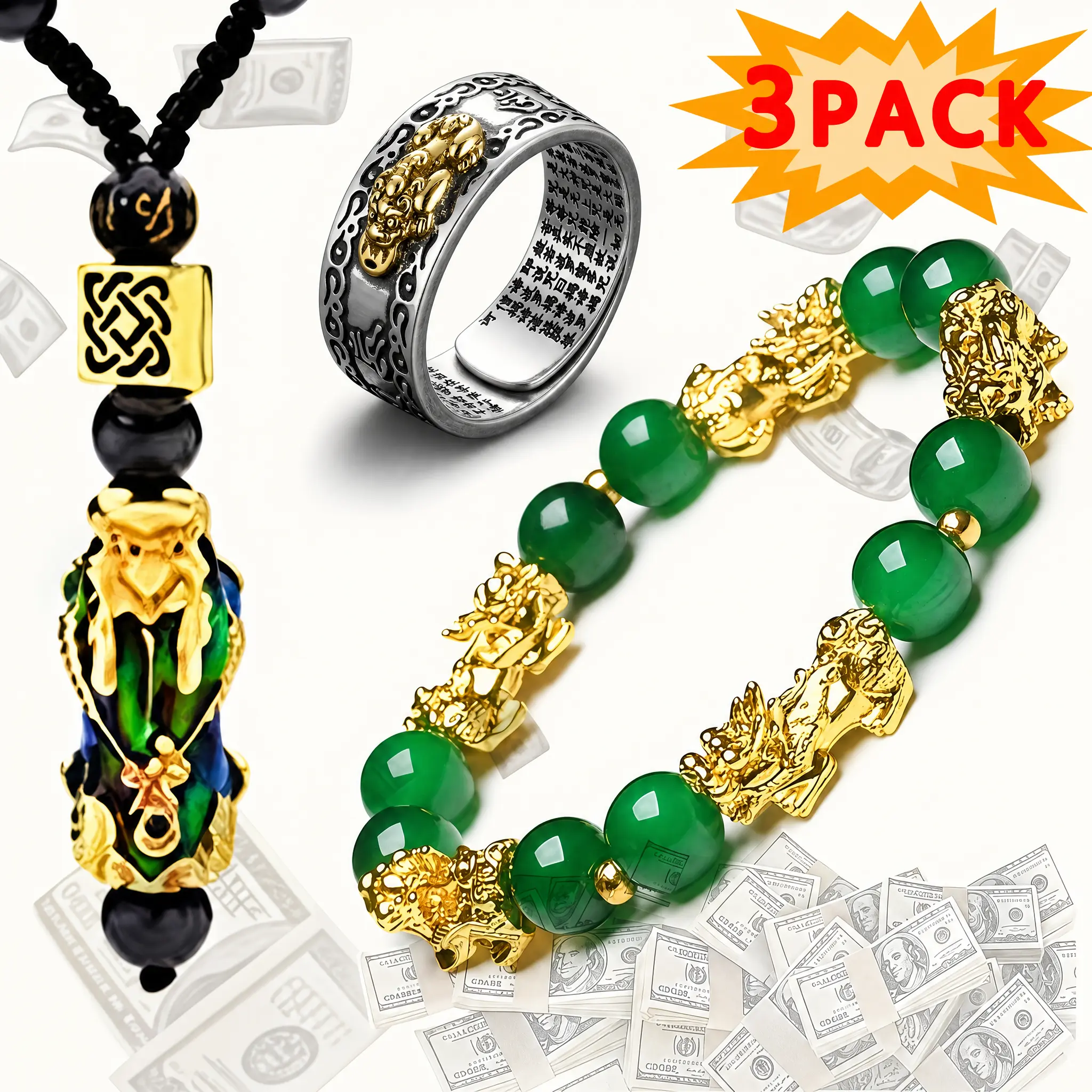 Unisex 3-Pack Feng Shui Pixiu Charm Jewelry Set - Green Beaded Bracelet, Adjustable Stainless Steel Ring, Color-Changing Alloy Glass Pendant Necklace, Wealth-Attracting Amulet, Accessories Gift Set, Accessories Set, Jewelry Gift Set