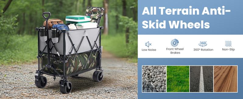 Large Capacity Folding Double Decker Wagon with Brakes, 440 lbs Wagons Carts Foldable Wagon Cart with Flexible Handle, All-Terrain Big Wheels for Grocery Sports Garden Camping