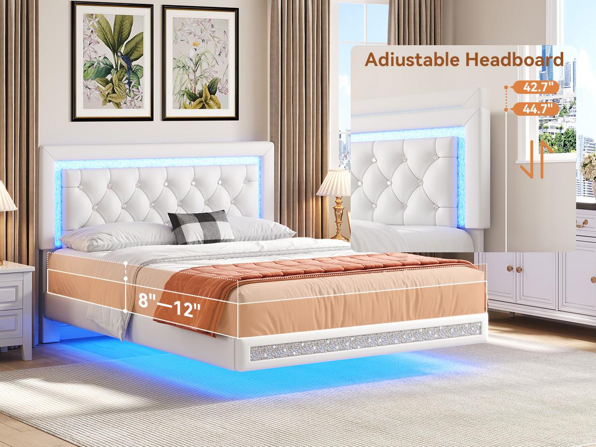TryLazy Floating Bed Frame with LED Lights Upholstered Modern Platform Bed Diamond Tufted Headboard Noise Free Comfort