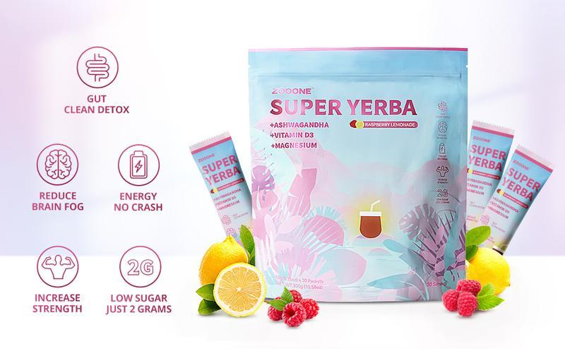 ZOOONE Super Yerba Yerba Mate Instant Tea Powder RASPBERRY LEMONADE Flavor 30 Servings with Ashwagandha Vitamin D3 & Magnesium for Refreshing Beverage-V3