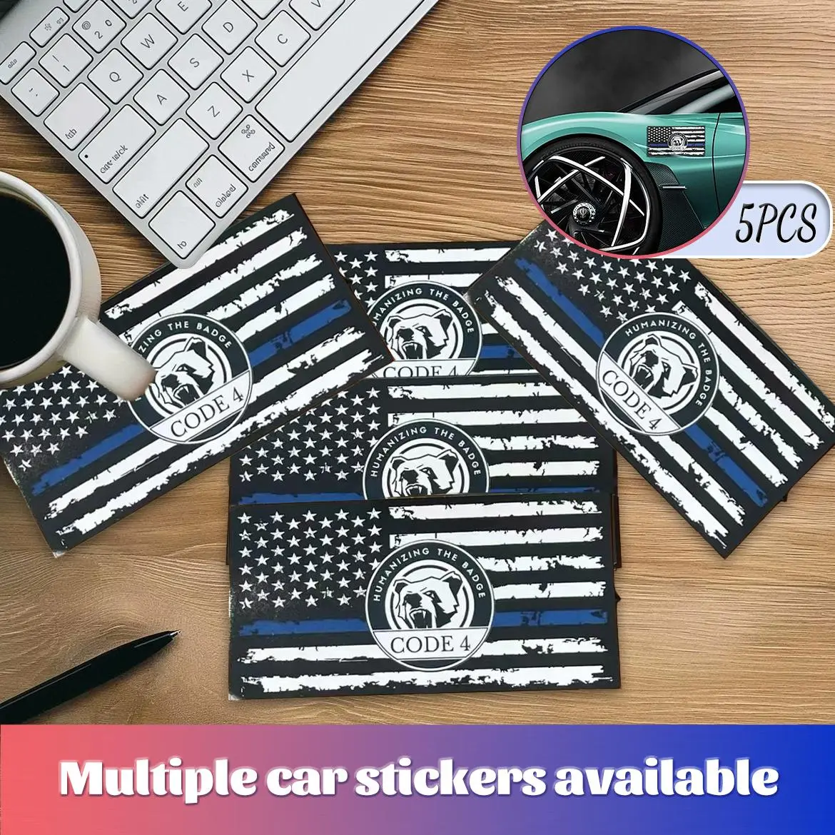 Sgto Sarabia Thin Blue Line Code 4 Decal Bundle – Waterproof Police Support Flag Stickers with Skull Decal & Free Red Card