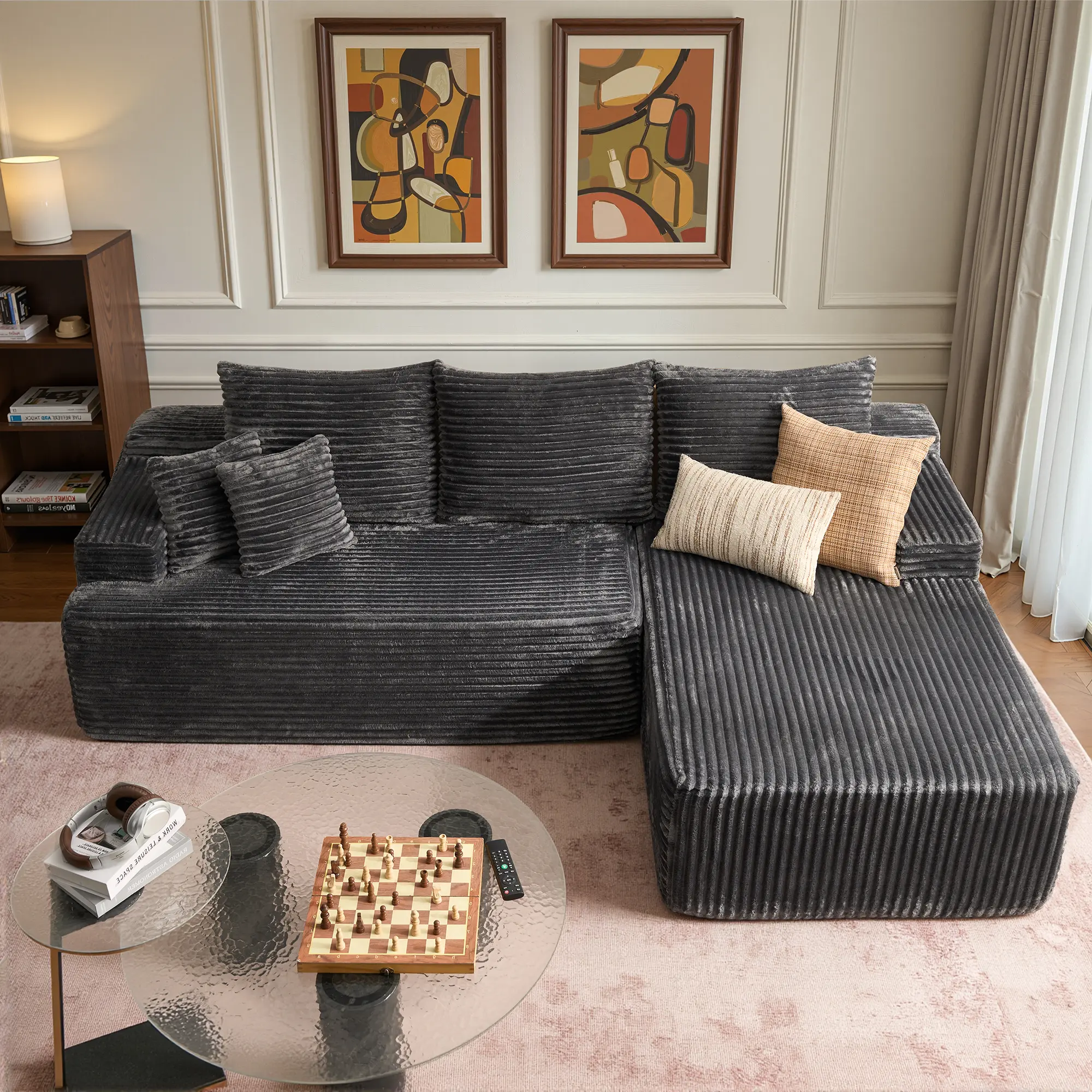 96“ Grey Plush Corduroy Right Chaise