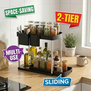Retractable multi-functional storage rack/shelf, double-layered design, two-piece set, suitable for organizing and storing various accessories. bathroom organizer stand display