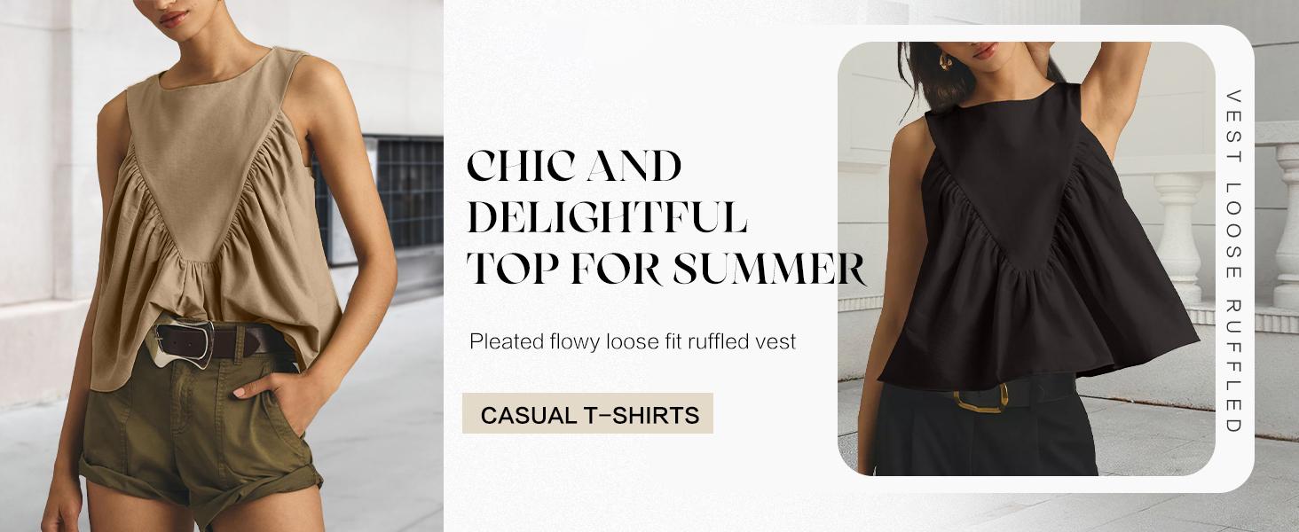 SCUSTY Womens Sleeveless Peplum Top Swing Tank Loose Fit Back Button Casual Blouse Ruffled Shirts