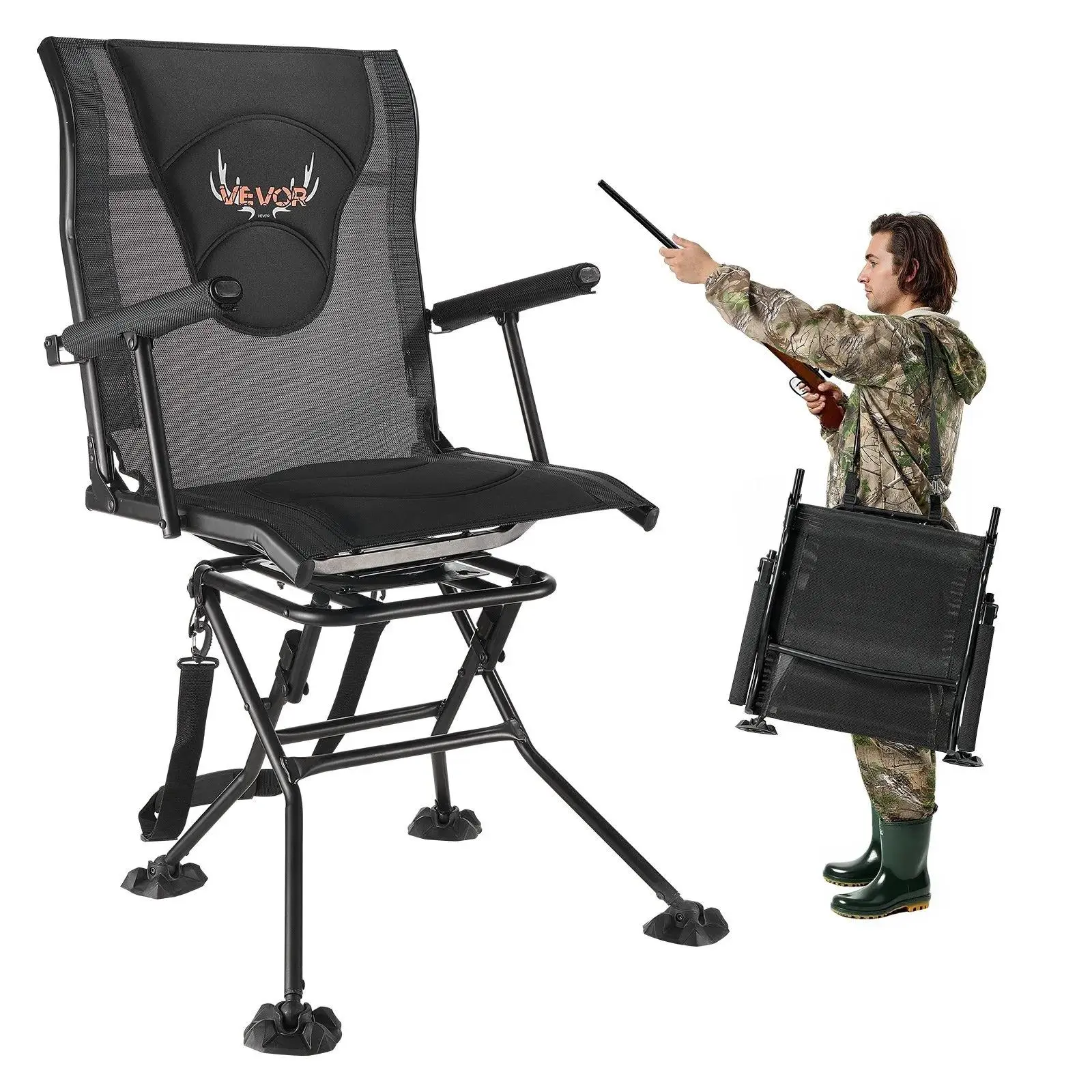 【Summerfinds】VEVOR Unisex Folding Camping Chair - 360° Silent Swivel Hunting Chair, Heavy-Duty Steel Frame Portable Stool, Outdoor Durable Seat with Armrests, Adjustable Carry Strap, Anti-Sink Feet, 300 Lbs Capacity for Fishing