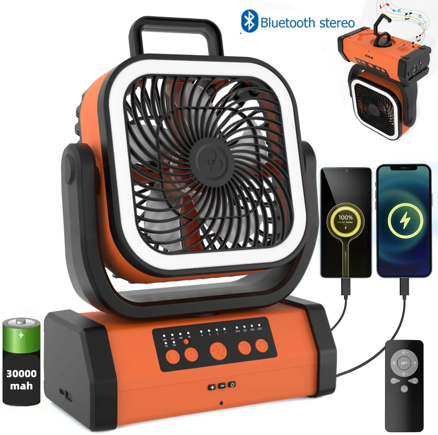 Portable Camping Fan with LED Lantern, 20000mAh Rechargeable Battery Powered Fan with Auto Oscillation, Timer, Remote, 360° Rotation Hook, 4 Speeds Tent Fan for Power Outage Travel Home Led Lighting Fan Multifunction Fan