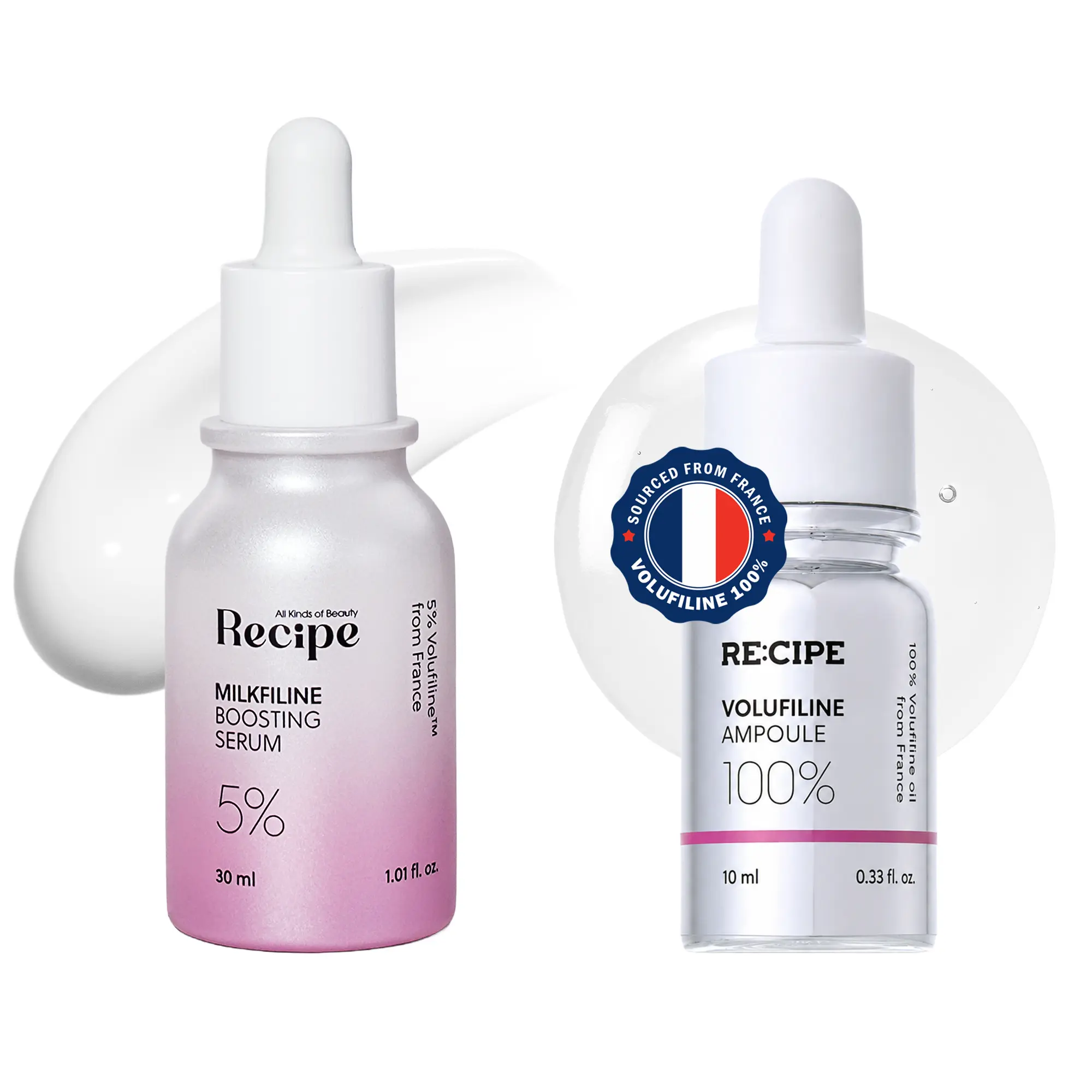 RE:CIPE Volufiline 100% Ampoule 0.33 fl oz + Milkfiline(Volufiline 5%) 1.01 fl oz Daily Plumping Bundle- Official Product From France, Sederma - Pure Volufiline Serum - Hydrating & Age-Defying Formula for Elevated Resilience