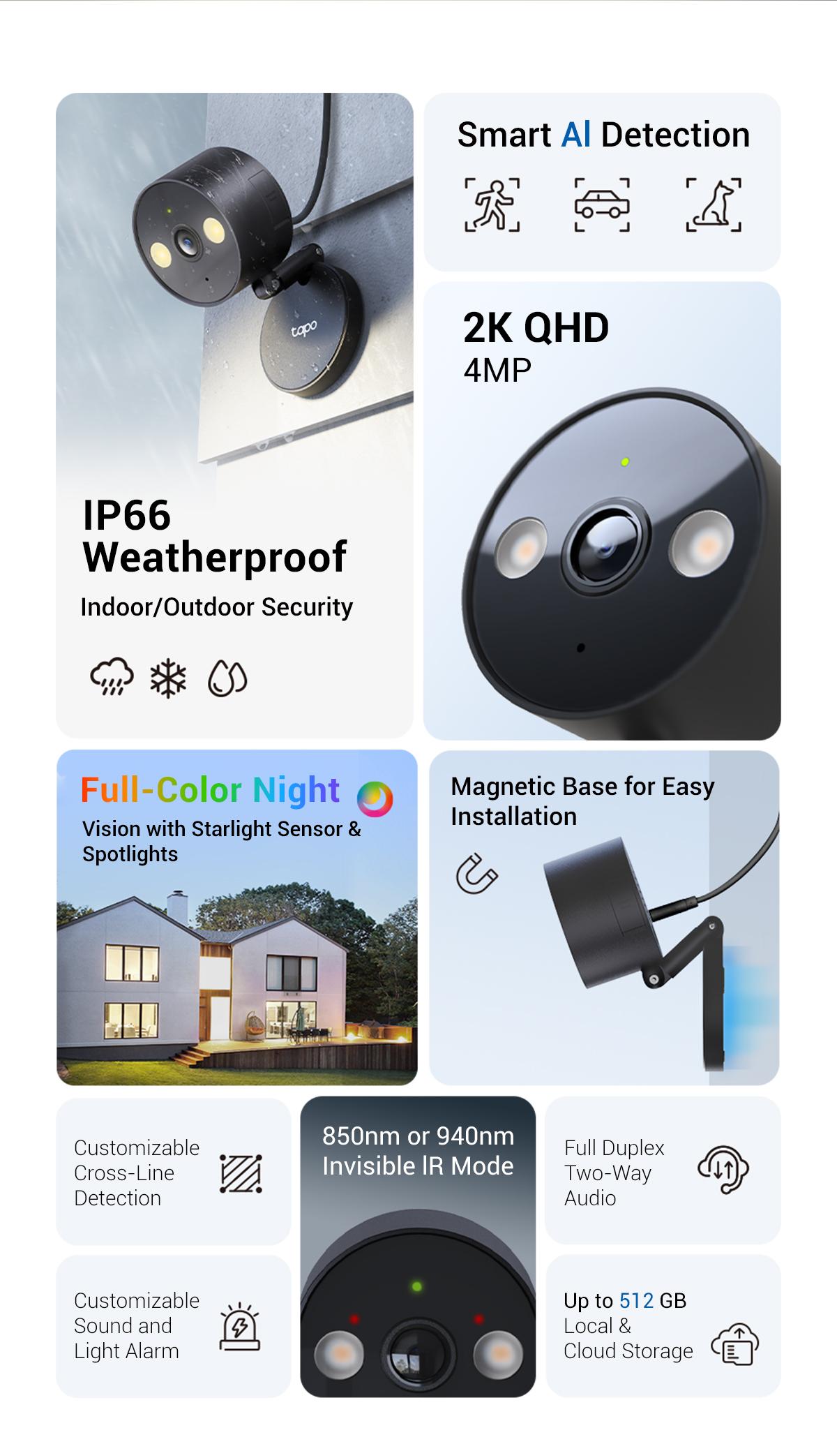 TP-Link & Tapo C121 2K QHD Indoor/Outdoor Wi-Fi Home Security Camera |  Color Night Vision | Free AI Detection | IP66 | Magnetic Mount | Dual Spotlights