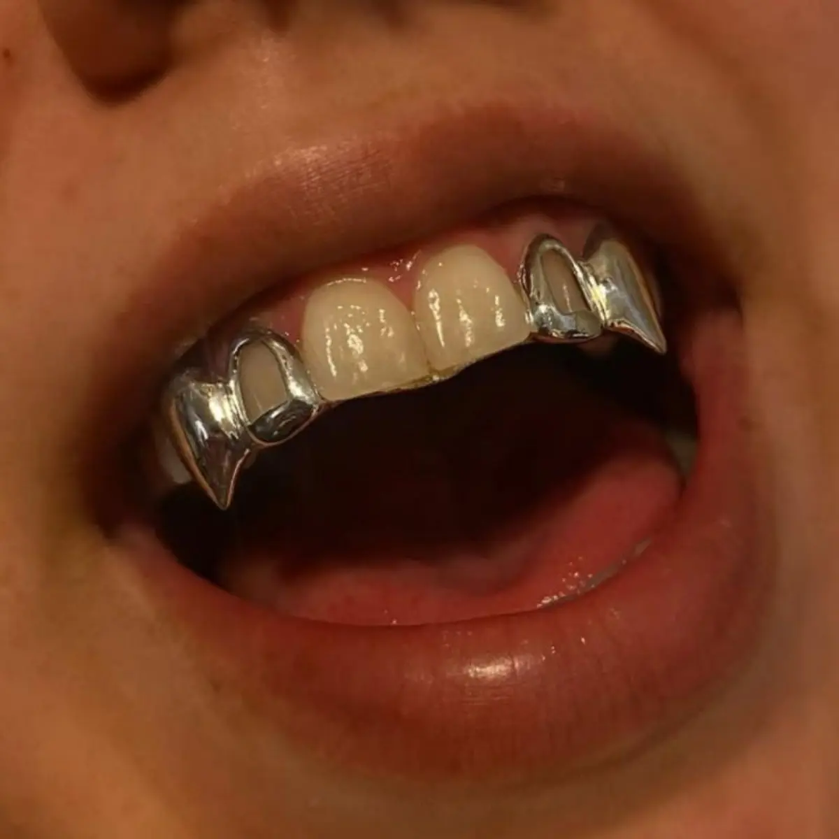 2pcs/SET Hip Hop Double Fang Teeth Grillz for Teeth Golden Color Plated Canine Two Tooth Upper Top Fangs Hollow Vampire Teeth Grills Jewelry symmetry on both sides  Oral Cosmetic  Ceramic Braces