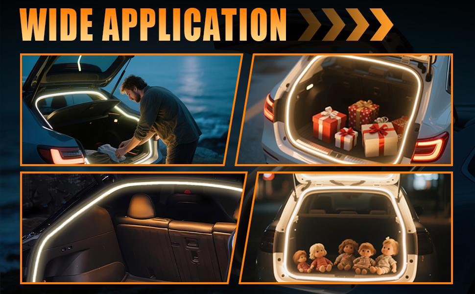 DIBMS 168 Inch Car Trunk LED Light Interior Kit, Starting Streamer Scanning, Magnetic Sensing, Warm White Ambient Lighting Strip, Cigarette Lighter Plug Silicone Waterproof 12V Universal Auto Parts