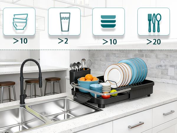 Expandable Over Sink Dish Drying Rack, Adjustable Kitchen Counter Organizer for Plates, Bowls, Cups & Utensils with Automatic Drainage Spout Expandable Over Sink Dish Drying Rack, Adjustable Kitchen Counter Organizer for Plates, Bowls, Cups & Utensils with Automatic Drainage Spout
