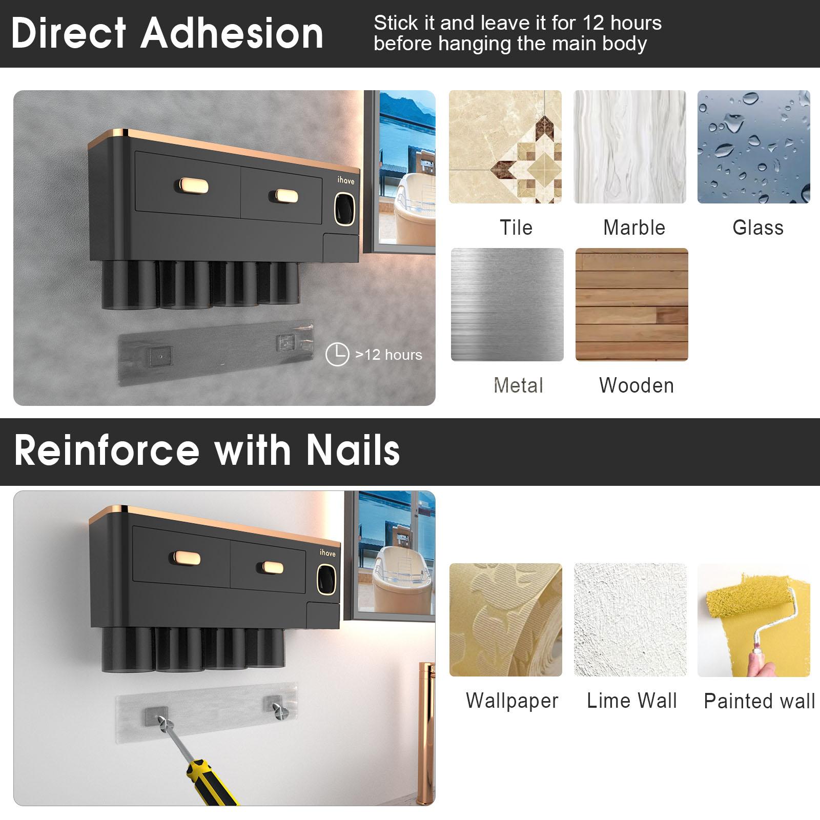 iHave Toothbrush Holders for Bathrooms, Wall Mounted Bathroom Toothbrush Holder Set with Toothpaste Dispenser, Multiple Magnetic Cups, Large Capacity Tray, 2 Cosmetic Drawers, Easy Install Bathroom Organizer, Smart Family Bathroom Accessories & Decor