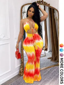 Women's Tie Dye Halter Cutout Jumpsuit - Flare Leg Spring Summer Outfit for Club Beach Party,  Overalls Adjustable Rompers Casual