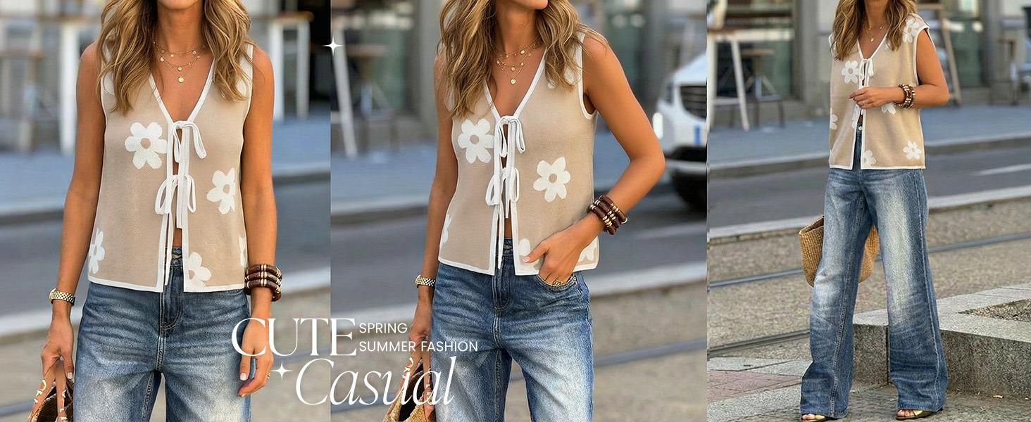 ZESICA Women's Tie Front Sweater Vest Summer Print Sleeveless Knit Y2k Tank Tops 2026 Trendy Clothes Outfits Dress ZESICA Women's Tie Front Sweater Vest Summer Print Sleeveless Knit Y2k Tank Tops 2026 Trendy Clothes Outfits Dress