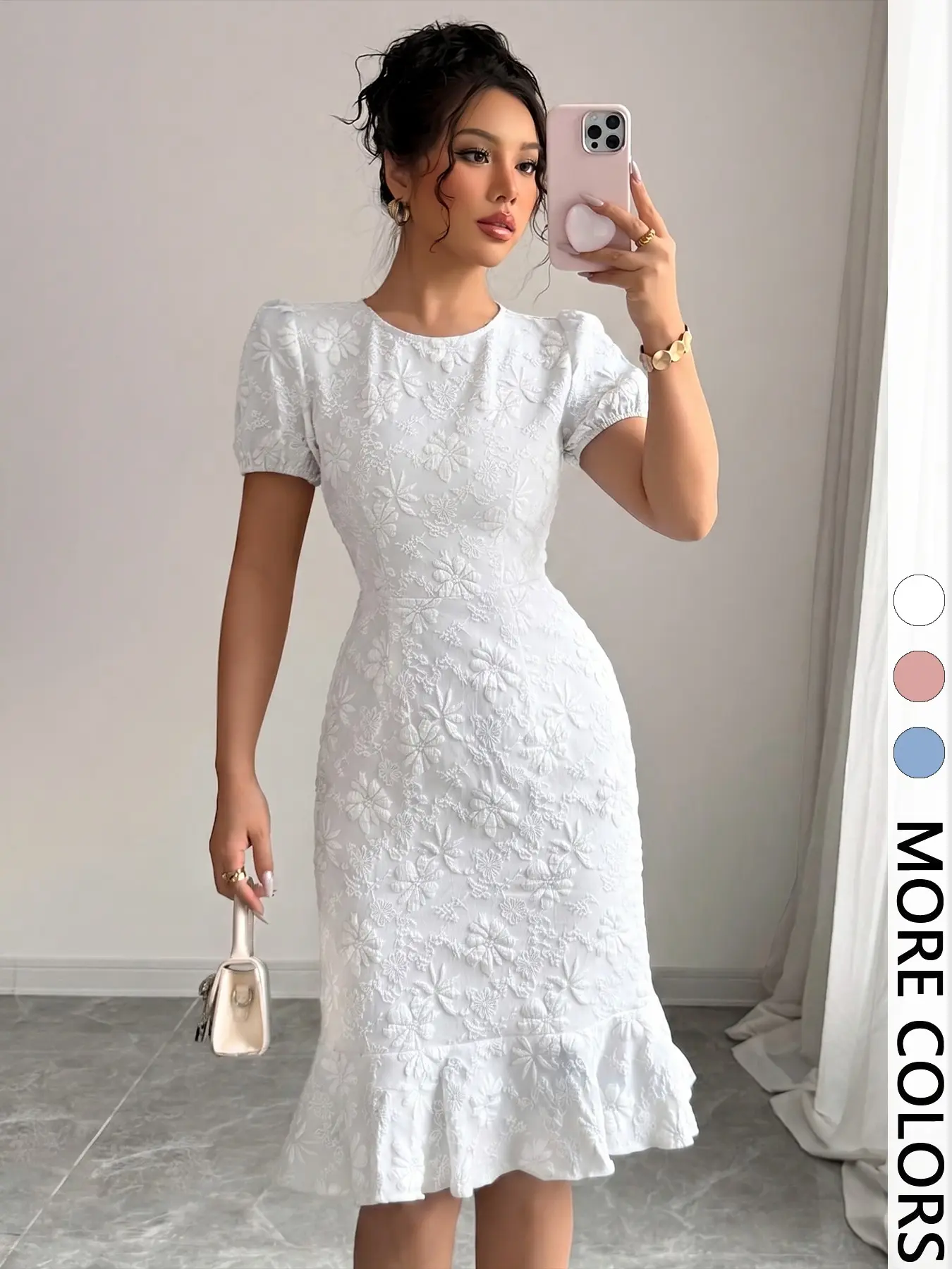 Women's Bodycon Midi Dress with Slit, Round Neck, Spring Summer Stretch Chic Elegant Formal Office Pencil Dress, Tummy Control & Side Pockets, Slim Fit Workwear Womenswear Lady