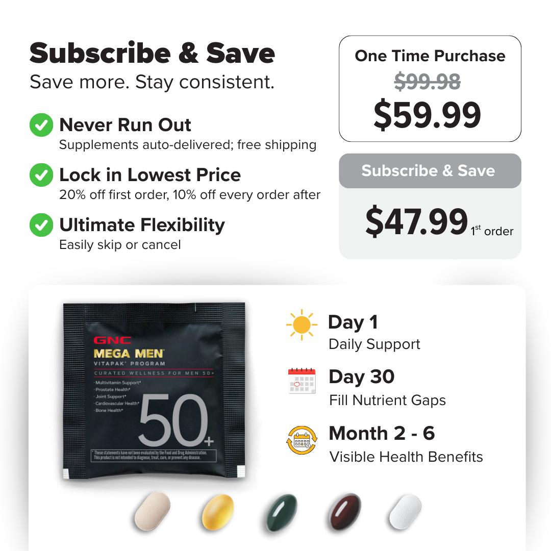 GNC 2-Pack Bundle: Mega Men's 50+ Vitapak, 5-in-1, Multivitamin, Stress & Bone Support, healthcare, Edible Dietary Supplement, Overall Wellness, Fitness, Spring Glow Up