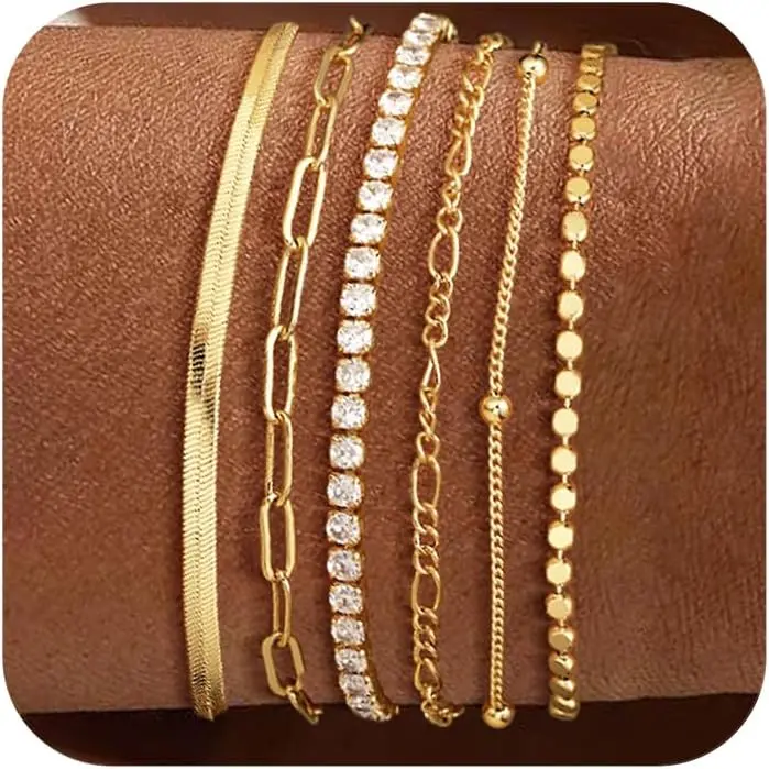 TEWIKY Waterproof Bracelets Set For Women Trendy Dainty Jewelry Fashion Stackable Tennis Beaded Figaro Herringbone Paperclip Link Bracelet Pack Stack For Valentineday