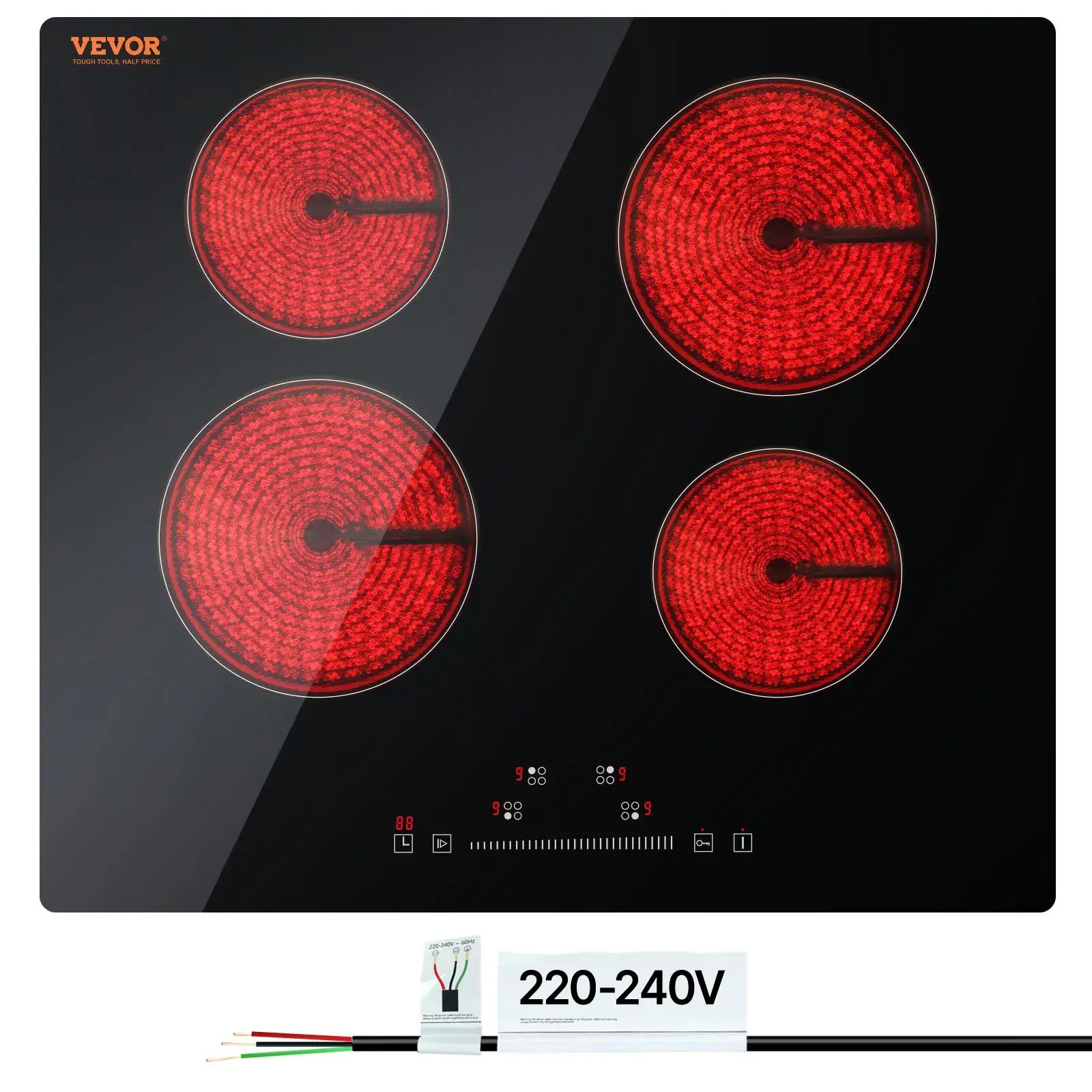 VEVOR Built-In Stainless Steel Electric Glass Induction Cooktop, 23.2x20.5in 4-Burner Kitchen Hob, 220-240V60Hz, Touch Sensor Control, 9 Power Levels, Timer, Child Lock, Cooling Fan, Compatible with Cast Iron, Copper, Aluminum (for Simmer, Steam), Inducti
