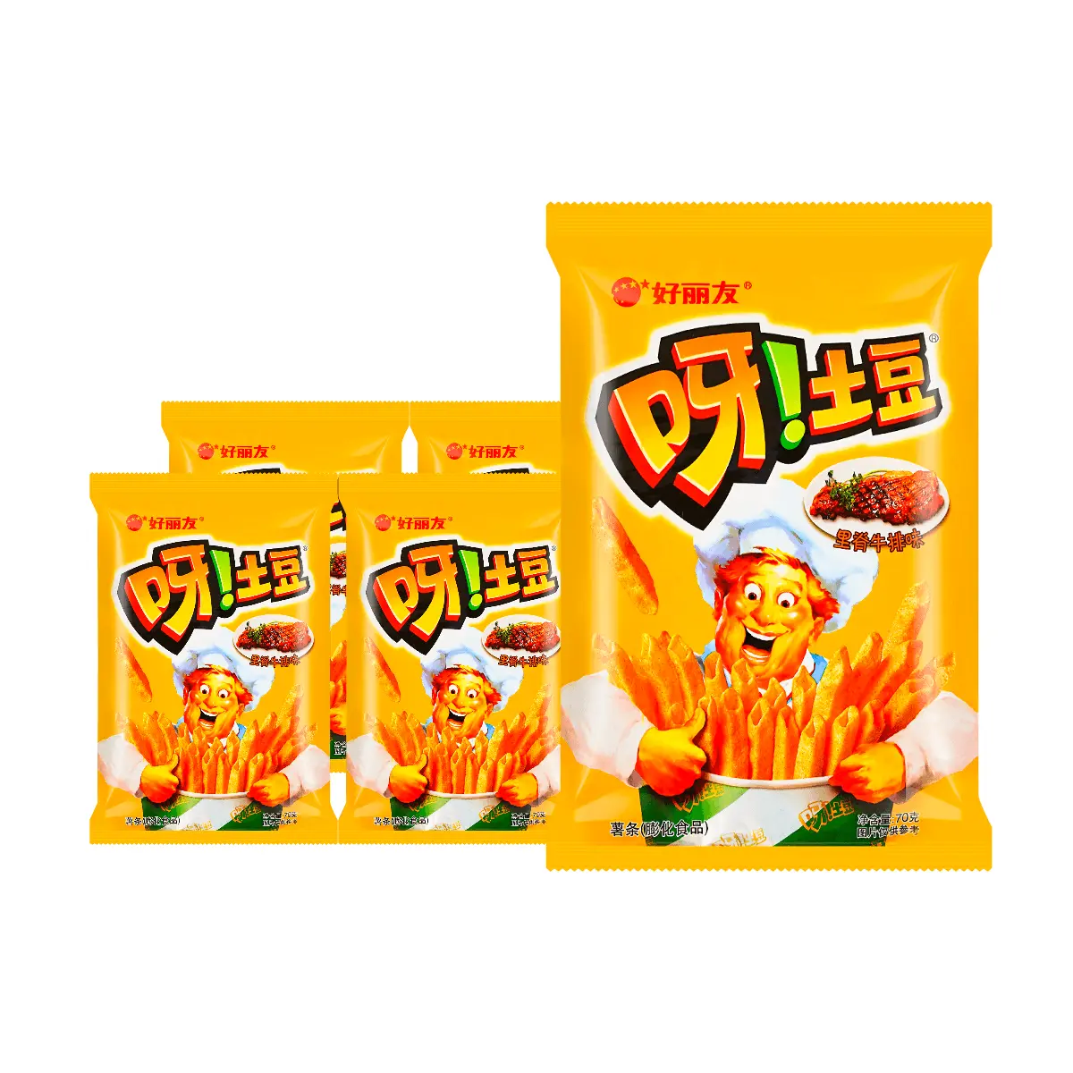 ORION Potato Sticks - Beef Steak Flavor, 5-Pack (70g Each) - Crispy Korean Snack